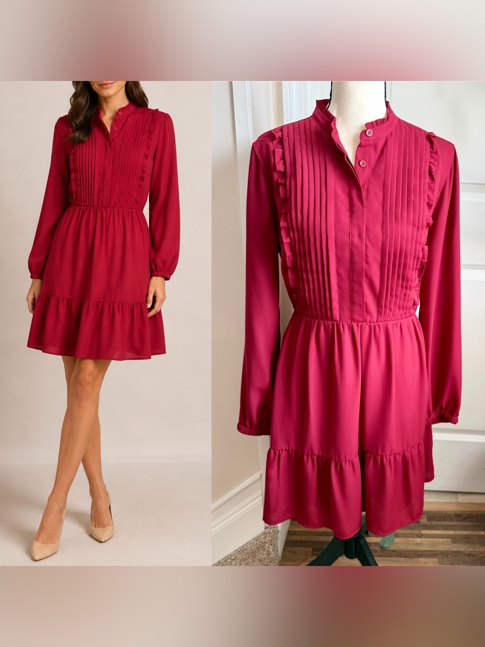 J.Crew Mercantile Pintuck Ruffle Tiered Long Sleeve Dress Burgundy Red Sz 8